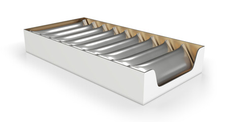 Realistic silver foil flow pack or sachet in display box. 3d illustration on white background