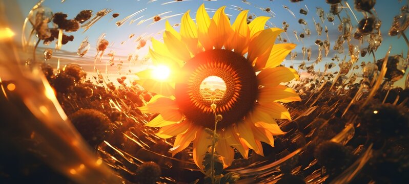 pop surreal unreal silhouettes spiral towards sun flower, ai generatif