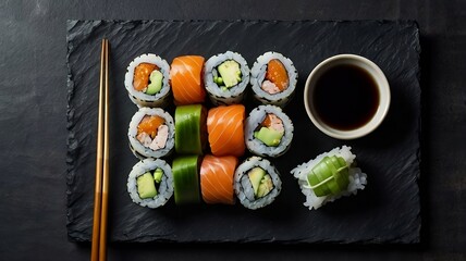 Assorted sushi rolls with salmon and avocado on black slate plate