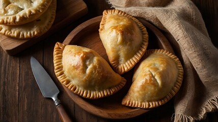 Golden baked cheese empanadas on rustic wooden table with sauce
