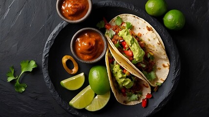 Mexican street tacos with beef, avocado, and hot sauce on black plate