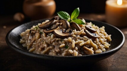 Gourmet risotto with mushrooms in dark rustic setting