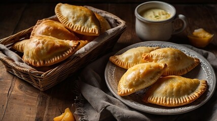 Golden baked cheese empanadas on rustic wooden table with sauce