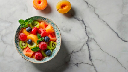 Colorful fresh fruit salad in ceramic bowls on white marble background