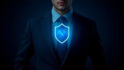 Businessman with glowing security shield on chest representing digital protection. AI generated