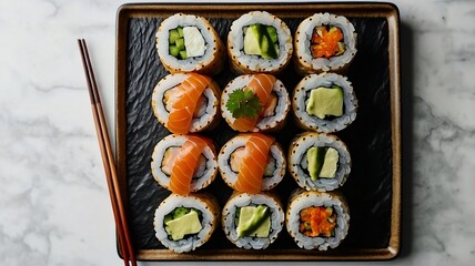 Assorted sushi rolls with salmon and avocado on black slate plate