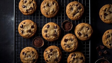 Freshly baked chocolate chip cookies on cooling rack