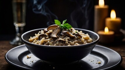 Gourmet risotto with mushrooms in dark rustic setting