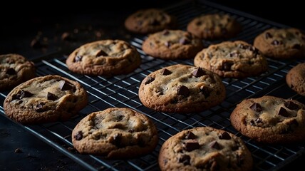 Freshly baked chocolate chip cookies on cooling rack
