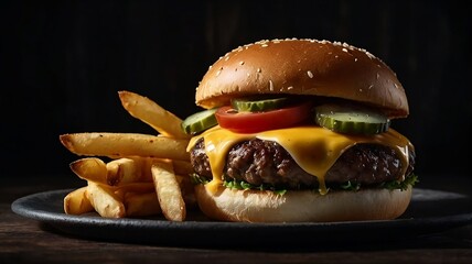 Juicy cheeseburger with melted cheddar and crispy fries on dark background