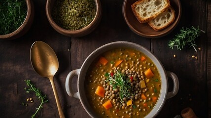 Homemade lentil stew with vegetables in rustic ceramic bowl