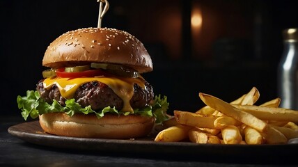 Juicy cheeseburger with melted cheddar and crispy fries on dark background