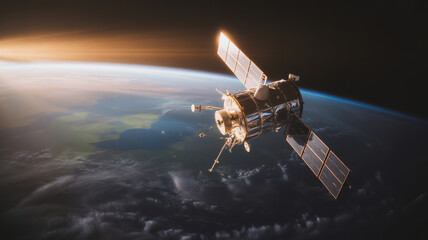 Fototapeta premium A satellite orbiting earth with visible solar panels and earth atmosphere in the background view