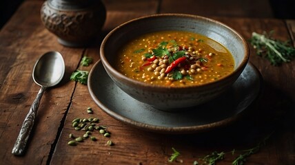 Homemade lentil stew with vegetables in rustic ceramic bowl