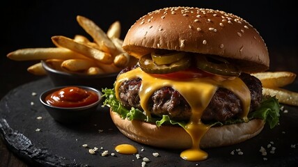 Juicy cheeseburger with melted cheddar and crispy fries on dark background