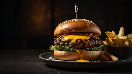 Juicy cheeseburger with melted cheddar and crispy fries on dark background
