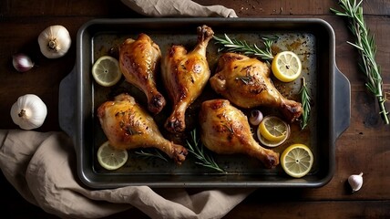 Crispy roasted chicken drumsticks with herbs and lemon on rustic tray