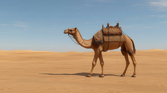 Camel desert sand sky saddle animal travel arid landscape journey hot brown mammal traditional