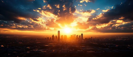 Stunning urban cityscape at sunrise with dramatic clouds and sun rays over skyline with tall buildings