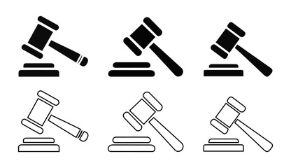 Judge Gavel Icon Set – Law and Auction Hammer and outline illustration.