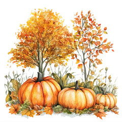 Farm Pumpkins Autumn Trees, watercolor painting vector, isolated on a white background.