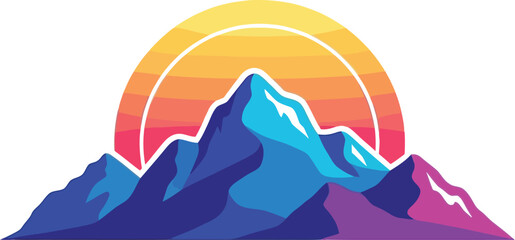 Illustration of blue mountains with snow capped peaks and a sunset in the background on white space