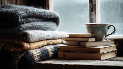 A cozy reading nook with stacks of classic novels wool blanket tea cup steaming on a table beside window light real photo stock photography