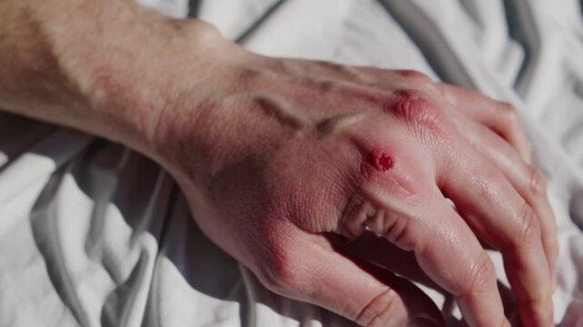 Swollen hand with visible bee sting and redness close-up