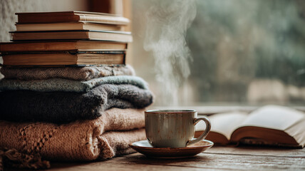 A cozy reading nook with stacks of classic novels wool blanket tea cup steaming on a table beside window light real photo stock photography