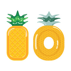 Vector illustration of two fun pineapple-shaped inflatable pool floats — one in mattress form and one in donut ring style. Bright tropical design perfect for summer, beach themes, and vacation concept