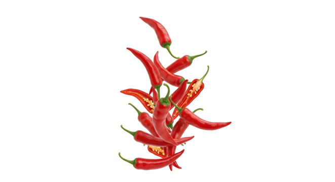 Vibrant display of red chili peppers with stems arranged artistically against a stark black backdrop offering a spicy visual.