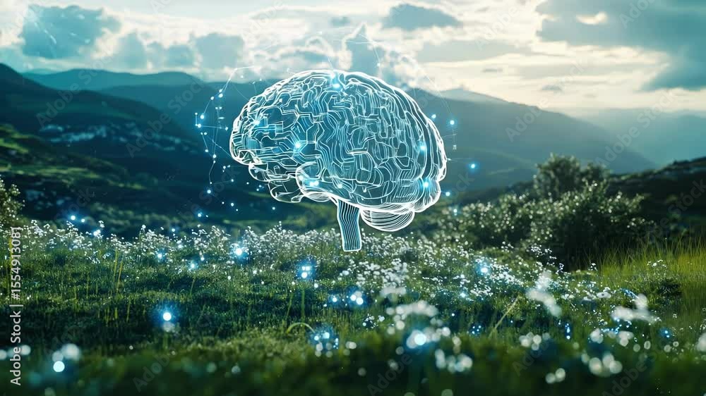 Aufkleber glowing artificial intelligence brain hovering over a vibrant green meadow and majestic mountains sy