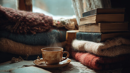 A cozy reading nook with stacks of classic novels wool blanket tea cup steaming on a table beside window light real photo stock photography
