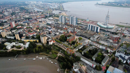 Aerial panorama view above the old town of the city Bremerhaven in Germany on a late afternoon in...