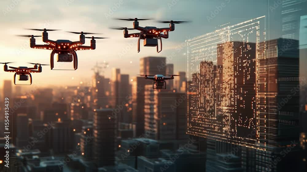 Poster an abstract visualization of interconnected drones delivering packages amidst a reimagined city with