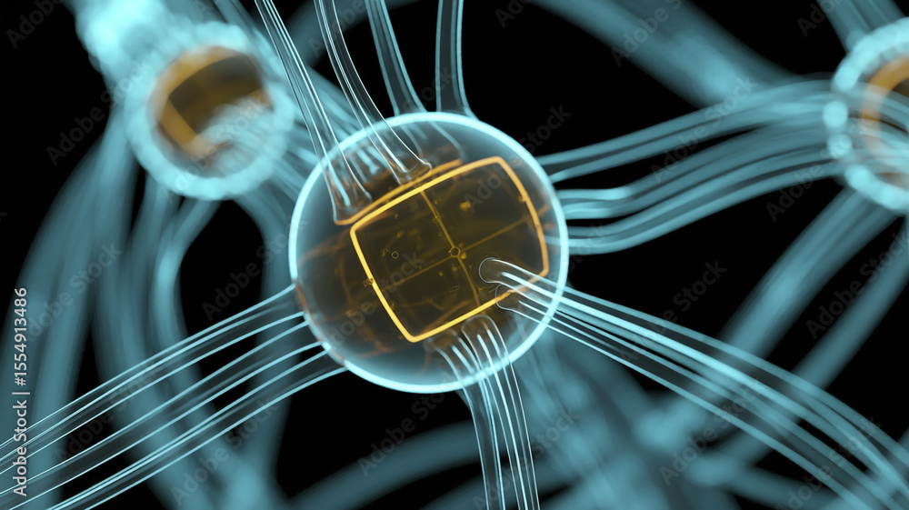 Poster close up of a transparent sphere with a square inside and connecting lines on a black background