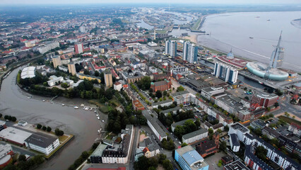Aerial panorama view above the old town of the city Bremerhaven in Germany on a late afternoon in summer	