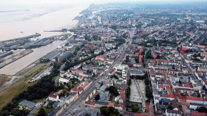 Aerial panorama view above the old town of the city Bremerhaven in Germany on a late afternoon in summer	