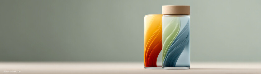 Two modern, stylish glass bottles with multicolored abstract designs stand side by side on a plain surface against a gray background.