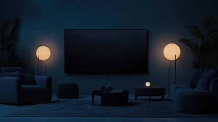 A dimly lit living room scene with modern furniture and ambient lighting.