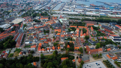 An arial panoramic view of the old town of the harbour city Esbjerg in Denmark on a cloudy spring afternoon