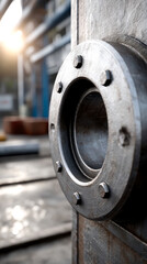 Close-up of a metal industrial flange with bolts in a workshop setting, showcasing texture and mechanical details.
