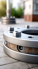 Close-up of metal flange with bolts and nuts resting on a concrete surface outdoors, showcasing industrial hardware in sharp detail.
