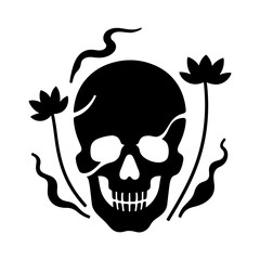 Black Skull with Lotuses and Smoke, Vector Illustration, Dark Design Element