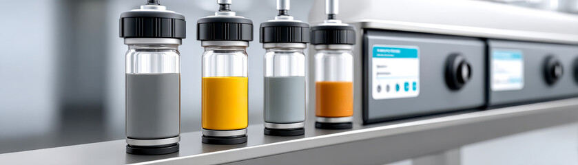 Four spice jars with different seasonings (black, yellow, white, and orange) lined up on a modern kitchen stove shelf.