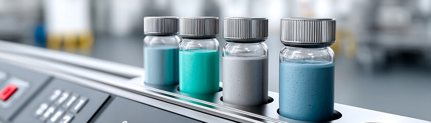 Four small glass bottles filled with different colored powders (blue, turquoise, gray, light blue) arranged on a metallic platform in a lab or industrial setting.