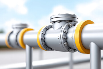 Close-up of a metallic pipeline with bolts and yellow joints, set against a blurred sky background.