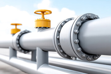 Close-up of industrial grey pipelines with yellow valve handles, highlighting metal joints and bolts under a clear sky.