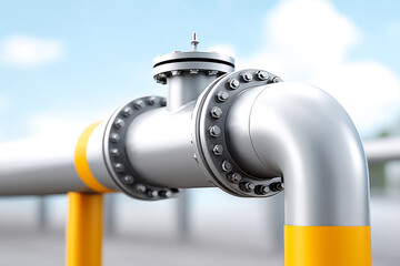 Close-up of a metallic industrial pipeline with bolts and a valve, set against a blurred sky background.