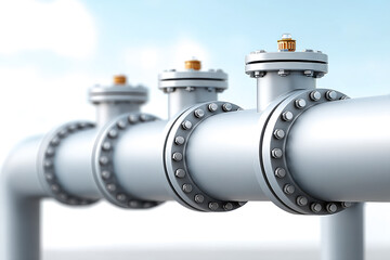 A row of large industrial metal pipes with bolted flanges and valve caps under a clear sky.